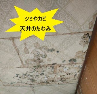 事務所雨漏り　天井カビ　雨染み　たわみ